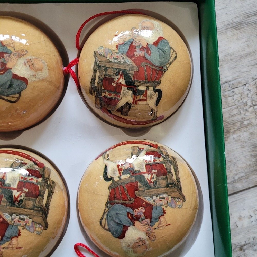 VTG Silk Tree Factory Santa's Workshop Decoupage Christmas Ornaments Set of 6 - Picture 7 of 7